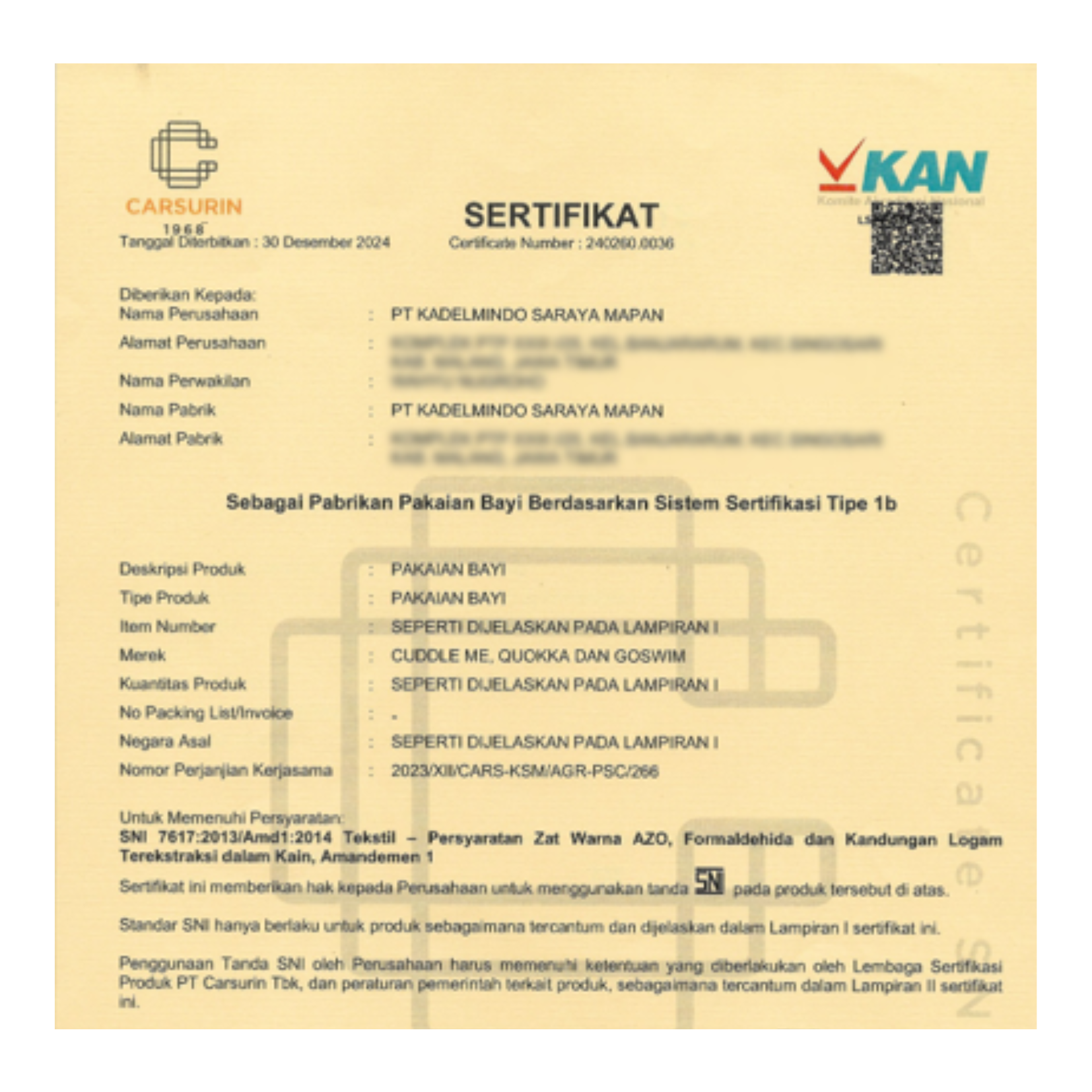 CuddleMe SNI Certification 2025